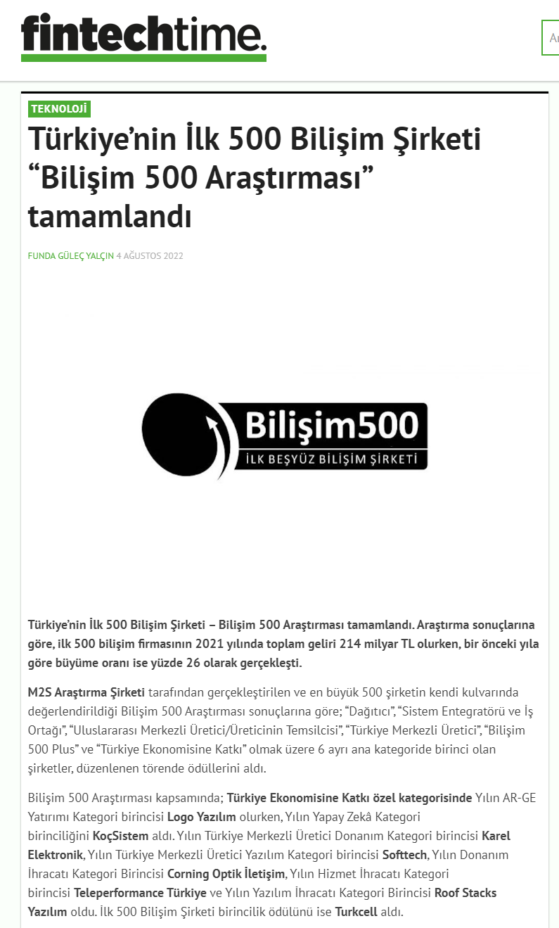 Fintechtime - 20.06.2023 - Türkiye’nin İlk 500 Bilişim Şirketi