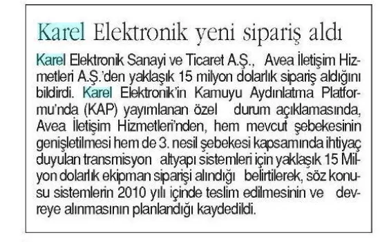 Hürses - 14.07.2010 - Karel Elektronik yeni sipariş aldı
