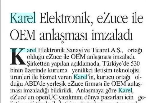 Hürses - 09.12.2010 - Karel Elektronik, Ezuce ile OEM anlaşması imzaladı