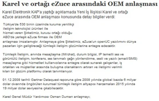 borsamedya.com - 07.12.2010 - Karel ve ortağı eZuce arasında OEM anlaşması