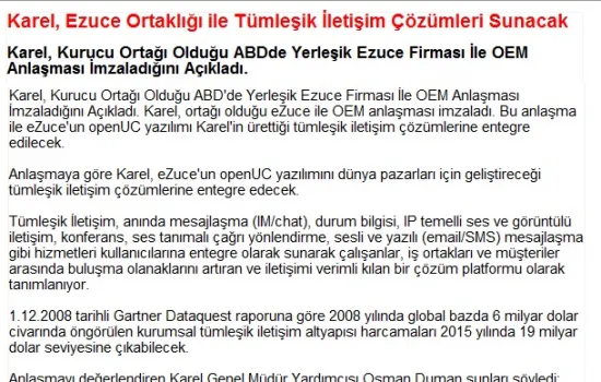 haberkamu.com - 07.12.2010 - Karel, eZuce ortaklığı ile tümleşik iletşim çözümleri sunacak