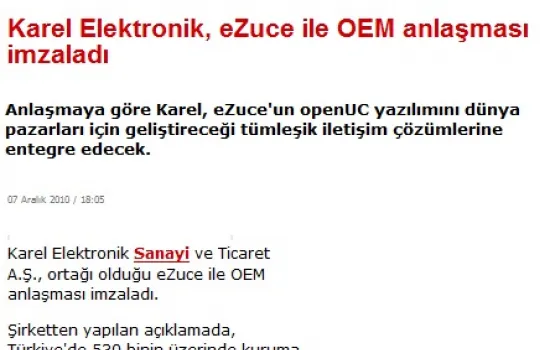 haber3.com - 07.12.2010 - Karel Elektronik, Ezuce ile OEM anlaşması imzaladı