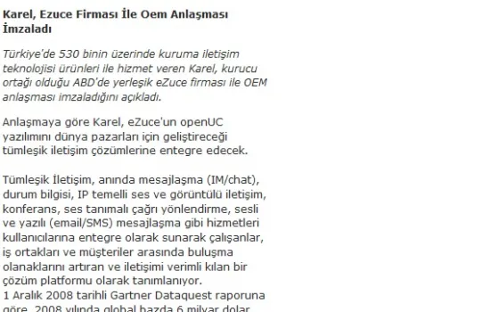 Medya73.com - 08.12.2010 - Karel, eZuce firması ile OEM anlaşması imzaladı