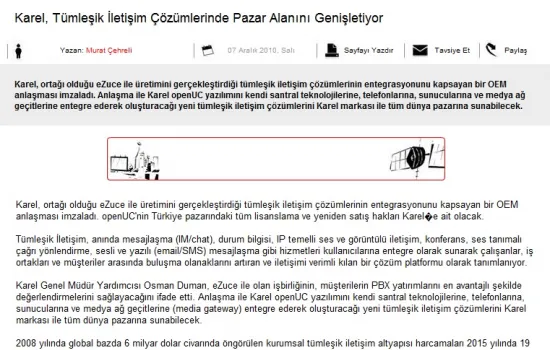 turk.internet.com - 08.12.2010 - Karel, tümleşik iletişim çözümlerinde pazar alanını genişletiyor