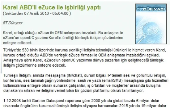 BT Dünyası - 08.12.2010 - Karel, ABD`li eZuce ile işbirliği yaptı