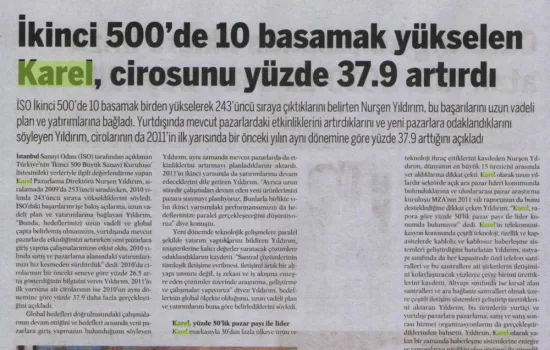 Dünya - 26.09.2011 - İkinci 500'de 10 basamak yükselen Karel, cirosunu yüzde 37.9 artırdı 
