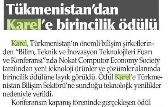 Yenigün - 23.07.2013 - KAREL'E BİRİNCİLİK ÖDÜLÜ