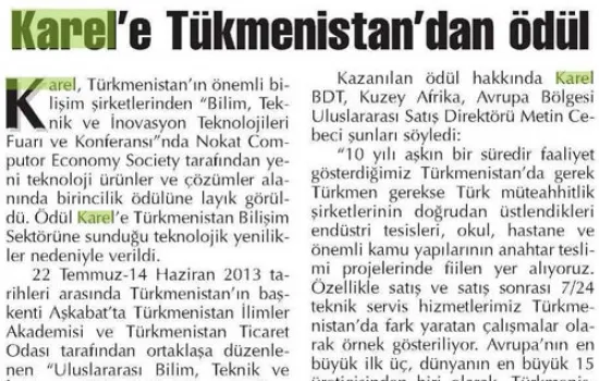 Başkent Ankara - 24.07.2013 - KAREL'E TÜKMENİSTAN' DAN ÖDÜL