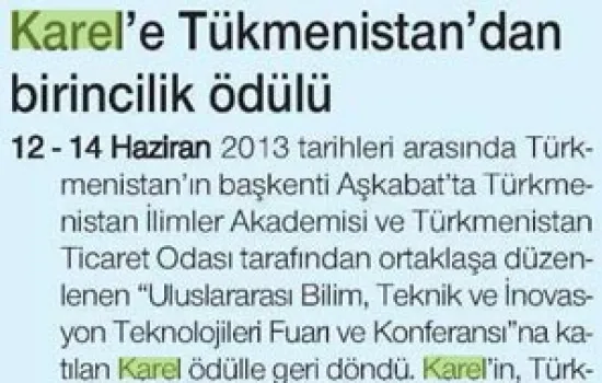 Hürses - 25.07.2013 - KAREL'E TÜKMENİSTAN' DAN BİRİNCİLİK ÖDÜLÜ