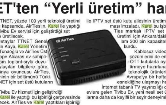 Barış - 22.01.2014 -  	TTNET' TEN YERLİ ÜRETİM" HAMLESİ