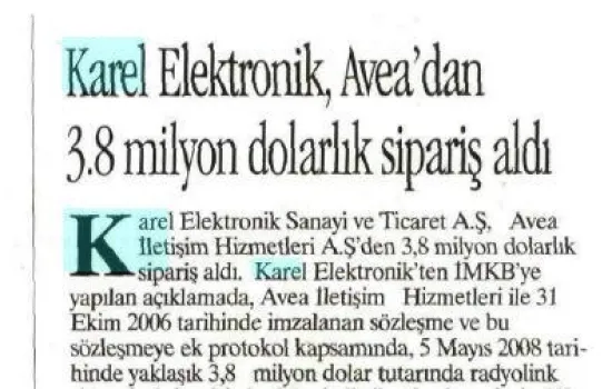 Hürses - 07.05.2008 - Karel`e Elektronik Avea`dan 3.8 milyon dolarlık sipariş aldı
