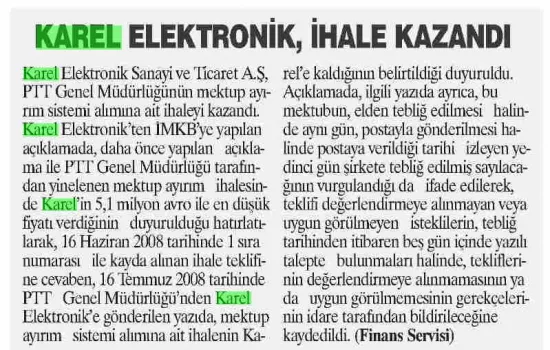 Hürses - 21.07.2008 - Karel Elektronik ihale kazandı