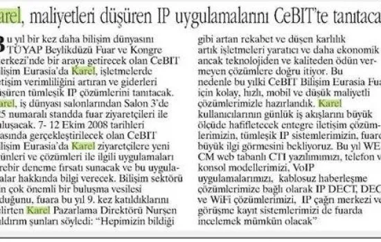Hürses - 09.10.2008 - Karel, maliyetleri düşüren IP uygulamalarını Cebit`te tanıtacak