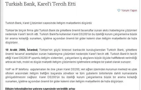 Medyaalternatif - 01.01.2009 - Turkish Bank, Karel´i tercih etti