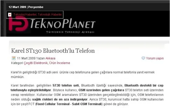 Teknoplanet - 11.03.2009 - Karel ST30 Bluetooth`lu Telefon
