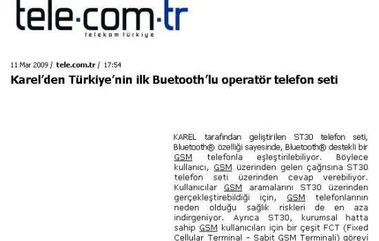 telecomtr - 11.03.2009 - Karel`den Türkiye`nin ilk Bluetooth`lu operatör telefon seti