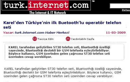 turk.internet.com - 11.03.2009 - Karel`den Türkiye`nin ilk Bluetooth`lu operatör telefon seti