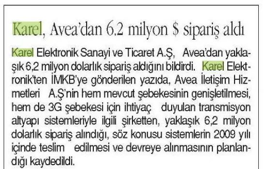 Hürses - 02.04.2009 - Karel, Avea`dan 6,2 milyon dolar sipariş aldı