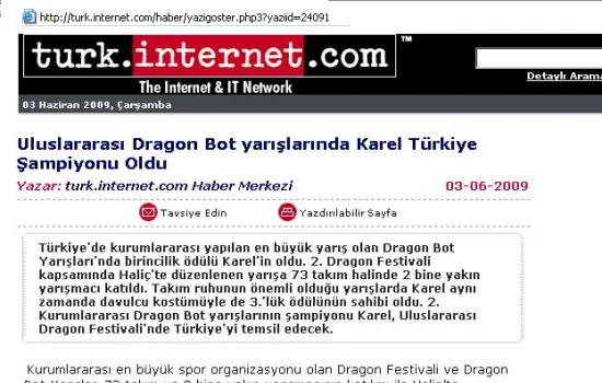 turk.internet.com - 03.06.2009 - Uluslararası Dragon Bot yarışlarında Karel Türkiye Şampiyonu oldu