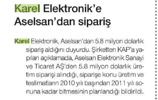 Dünya - 10.09.2009 - Karel Elektronik'e Aselsan'dan sipariş