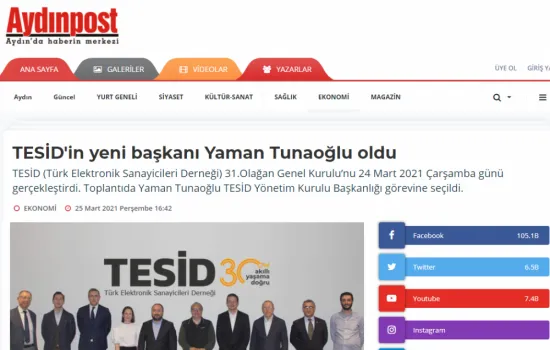 Aydınpost - 25.03.2021 - TESİD'in Yeni Başkanı Yaman Tunaoğlu Oldu