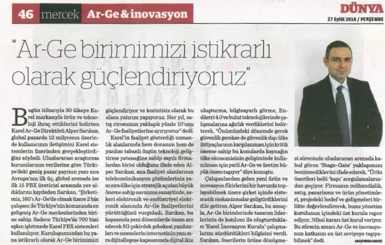 Dünya - 27.09.2018 - Ar-Ge Birimimizi İstikrarlı Olarak Güçlendiriyoruz