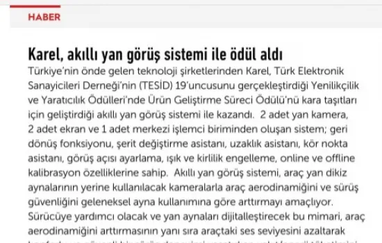E-otodergi - 28.07.2021 - Karel, Akıllı Yan Görüş Sistemi İle Ödül Aldı
