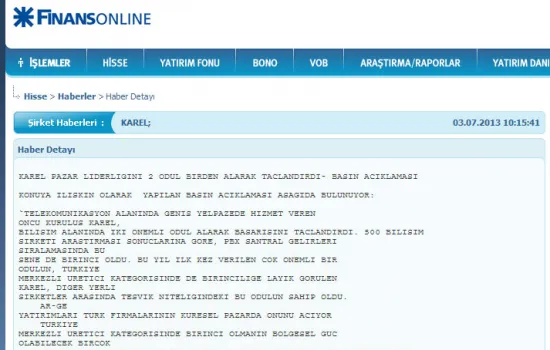 FinansOnline - 04.07.2013 - KAREL PAZAR LIDERLIGINI 2 ODUL BIRDEN ALARAK TACLANDIRDI