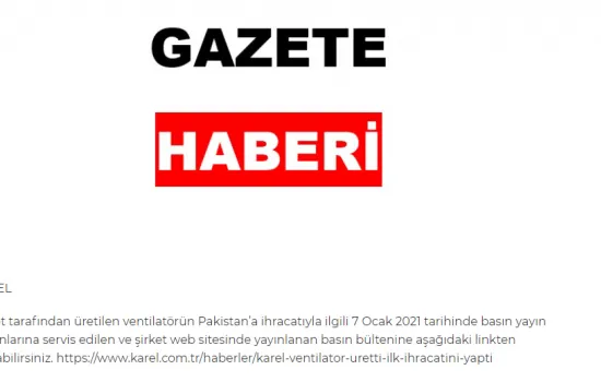 Gazeta Haberi - 07.01.2021 - Karel Ventilatör Üretti