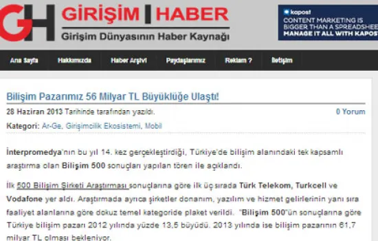 Girişim Haber - 03.07.2013 - Bilişim Pazarımız 56 Milyar TL Büyüklüğe Ulaştı!