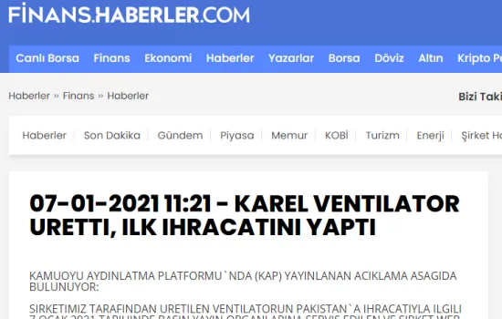 Haberler.com - 07.01.2021 - Karel Ventilatör Üretti