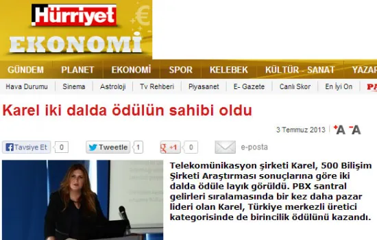 Hürriyet - 03.07.2013 - Karel iki dalda ödülün sahibi oldu