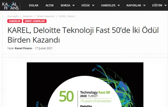 Kanal Finans - 18.02.2021 - Karel, Deloitte Teknoloji Fast 50'de iki ödül birden kazandı
