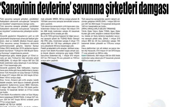 Karatekin Gazetesi - 16.07.2020 - Sanayi Devlerine Savunma Şirketleri Damgası