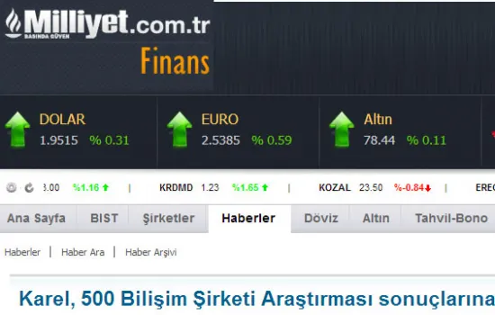 Milliyet - 03.07.2013 - Karel, 500 Bilişim şirketi araştırmasına göre iki dalda ödül aldı