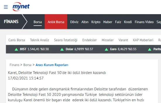 Mynet - 18.02.2021 - Karel, Deloitte Teknoloji Fast 50'de iki ödül birden kazandı