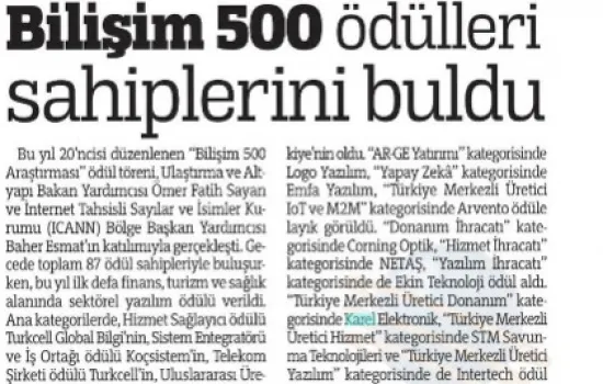 Türkiye Gazetesi - 06.07.2019 - Bilişim 500 Ödülleri Sahiplerini Buldu