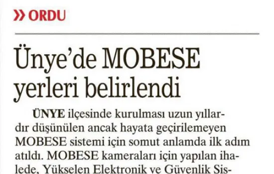 Sabah Ankara - 02.07.2012 - Ünye ' de MOBESE yerleri belirlendi
