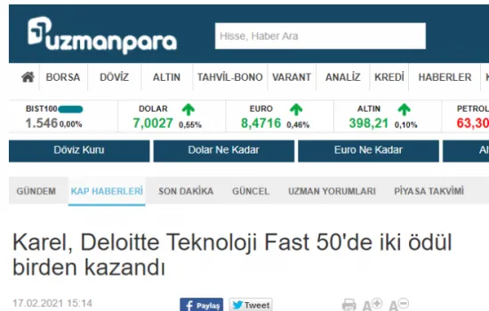 Milliyet Uzmanpara - 18.02.2021 - Karel, Deloitte Teknoloji Fast 50'de iki ödül birden kazandı