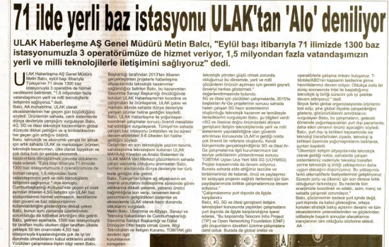 Yeni Urfa Gazetesi - 15.09.2020 - 71 İlde Yerli Baz İstasyonu Ulak