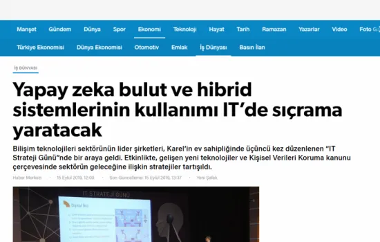Yeni Şafak - 15.09.2019 - Yapay Zeka Bulut ve Hibrid Sistemlerinin Kullanımı